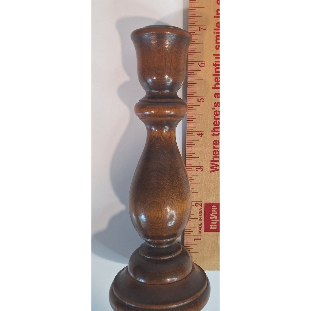 Vintage Turned Wood Candlestick Holders Pair Dark Brown Brass Inset 6.75 Inch - Picture 7 of 8